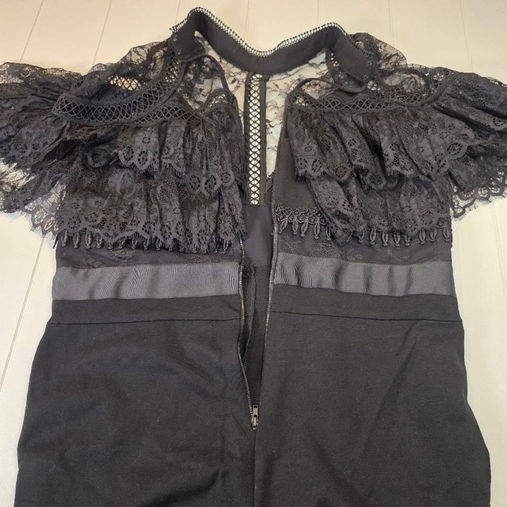Self-Portrait Sz 10 Fine Lace Paneled Jumpsuit Black High Neck Ruffle Taper Leg - Picture 7 of 14